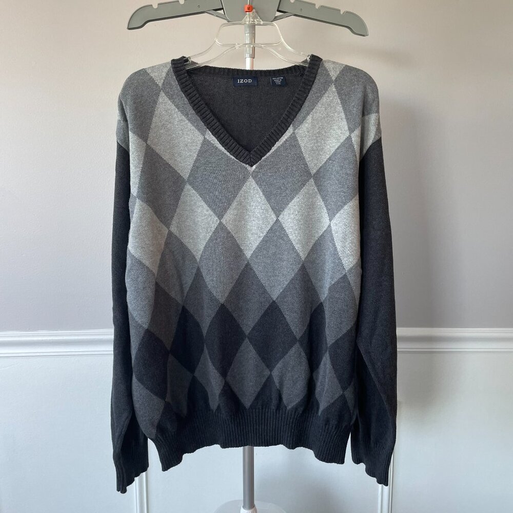 IZOD Men's V-Neck Long Sleeve Sweater Gray Argyle XXL